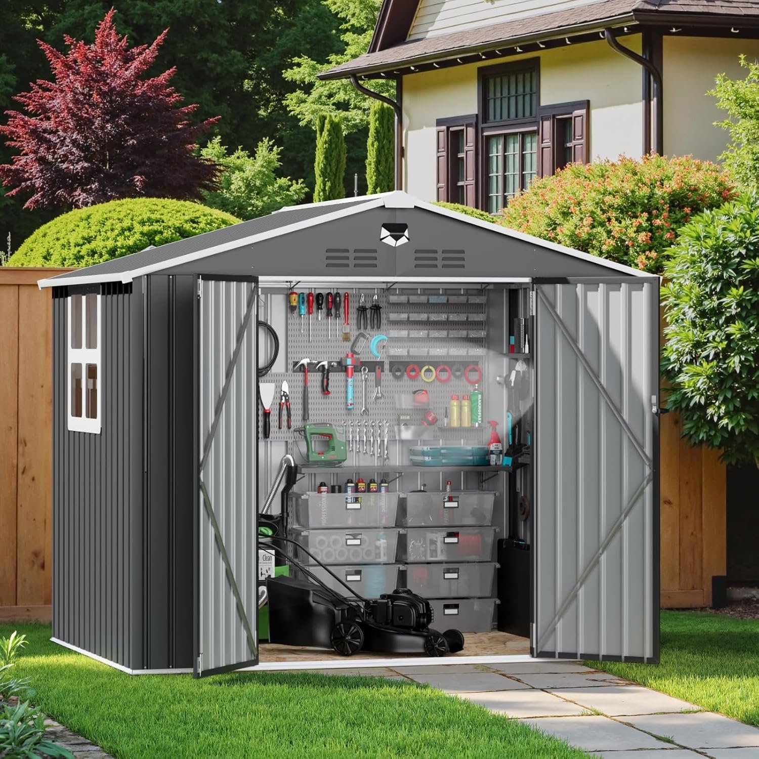 Metal Storage Shed with Transparent Windows and Lockable Door for Garden Tools Metal Storage Shed with Transparent Windows and Lockable Door for Garden Tools - Image 1