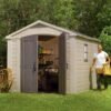 Keter Factor 8x11 ft. Resin Outdoor Storage Shed With Floor for Patio Furniture and Tools, Brown