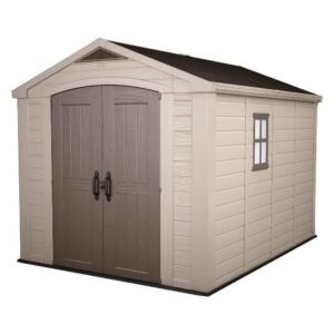 Keter Factor 8x11 ft. Resin Outdoor Storage Shed With Floor for Patio Furniture and Tools, Brown