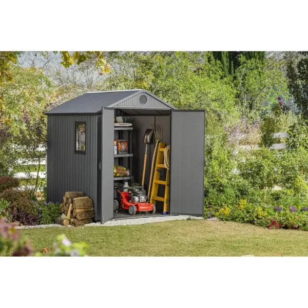 Keter-Darwin-6-x-6-FT-Spacious-and-Heavy-Duty-Outdoor-Storage-Shed-with-Floor,-Grey (1) Keter Darwin 6x6 ft. Resin Outdoor Storage Shed With Floor for Patio Furniture and Tools, Graphite - 6x6 FT