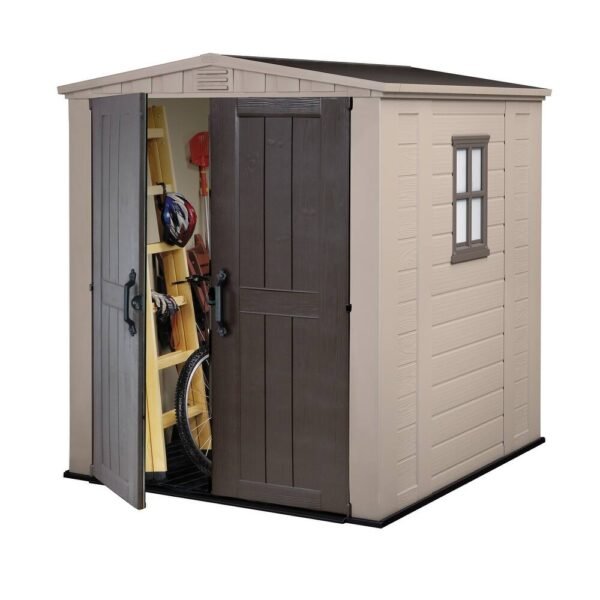 Keter-Factor-6x6-Foot-Large-Resin-Outdoor-Shed-with-Floor-Taupe-Brown (1) Keter Factor 6x6 ft. Resin Outdoor Storage Shed With Floor for Patio Furniture and Tools, Taupe Brown