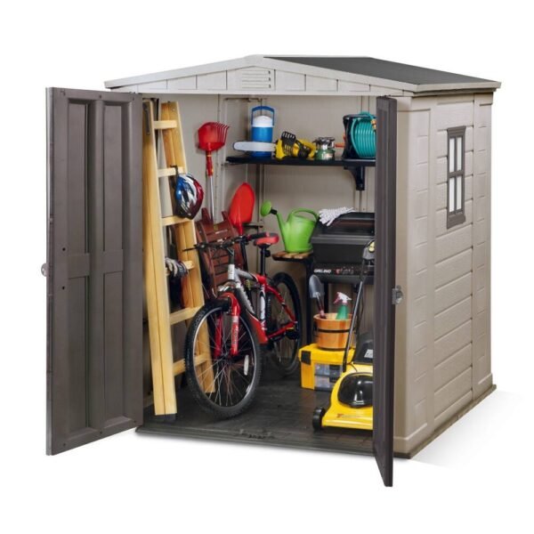 Keter-Factor-6x6-Foot-Large-Resin-Outdoor-Shed-with-Floor-Taupe-Brown (2) Keter Factor 6x6 ft. Resin Outdoor Storage Shed With Floor for Patio Furniture and Tools, Taupe Brown